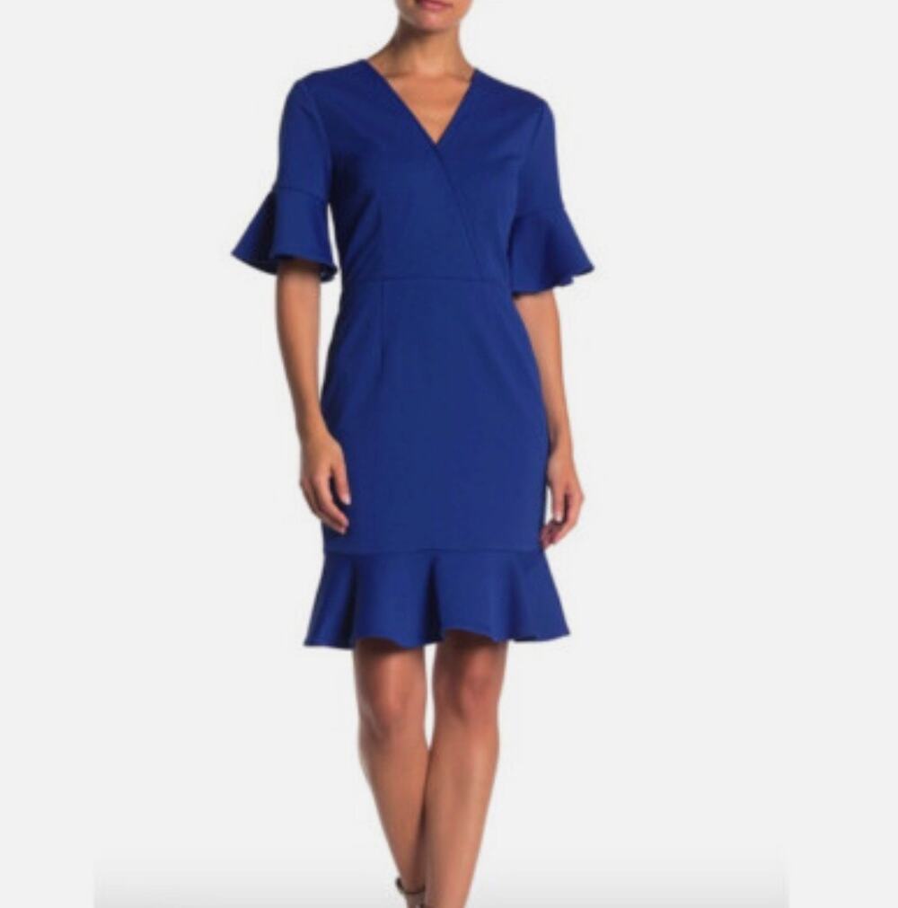 Trina Turk Quest Ruffle V Neck Dress Womens 4 Cobalt Blue Surplice NWT